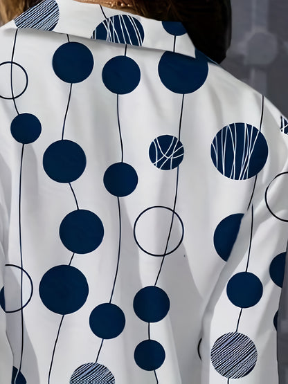 Print Women's Navy Blue & White Polka Dot Shirt - Long Sleeve Button-Up Collared Blouse, Regular Fit Machine Washable All-Season Top for Casual & Formal Wear, Office Attire, Classic Style, Durable Material, Buttonup Blouse, P