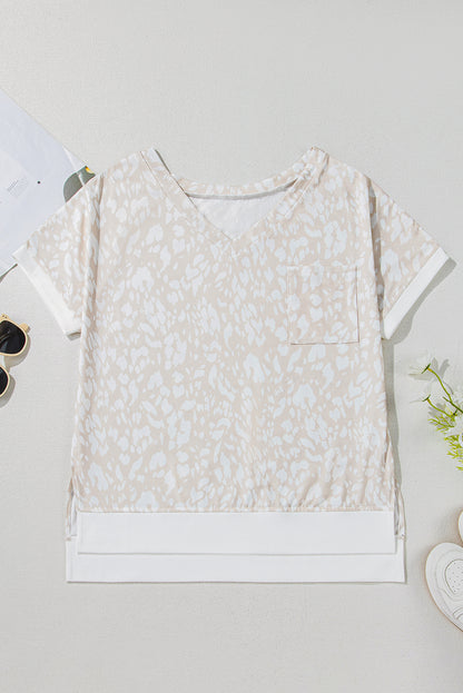 Khaki Leopard Print V Neck Side Slit Loose Fit T Shirt