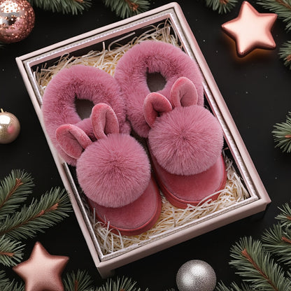 2025 Couples Slippers for Women & Men - Winter Warm Single Ball Design with Cute Rabbit-Ear Accents | Thick Sole Soft-Sole House Shoes | Cozy Solid-Color Indoor/Outdoor Slides | Lightweight Quiet Home Footwear