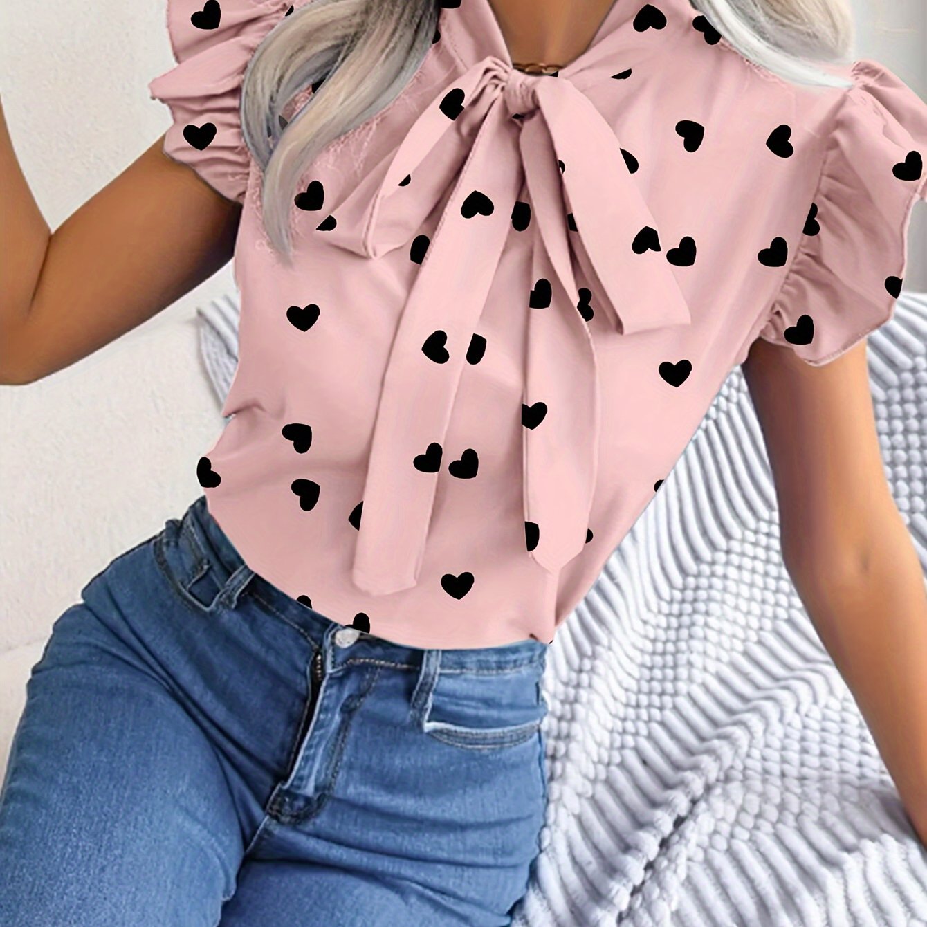 Heart Print Tie Neck Blouse, Casual Ruffle Trim Flutter Sleeve Top For Spring & Summer, Women's Clothing