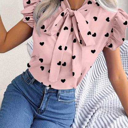 Heart Print Tie Neck Blouse, Casual Ruffle Trim Flutter Sleeve Top For Spring & Summer, Women's Clothing