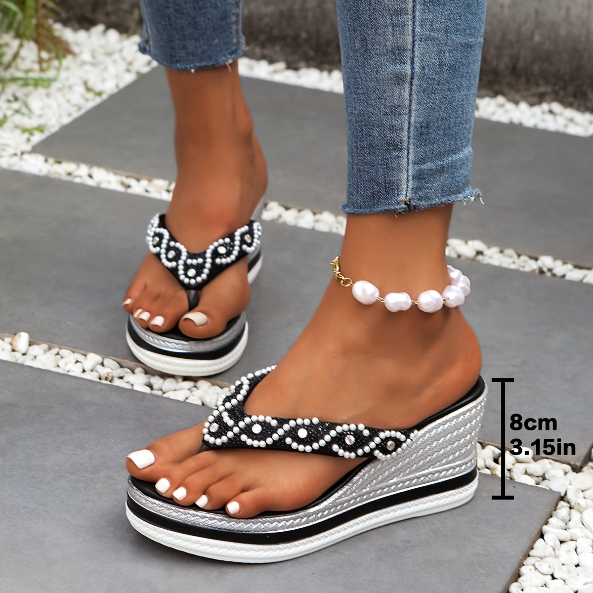 Women'S Rhinestone-Embellished Platform Sandals - Slip-On Chunky Heel Open-Toe Slippers with Faux Cover Upper & PU Sole, All-Season Comfort for Casual & Formal Occasions, High Heel Sandals, Formal Footwear, Elegant Footwear,