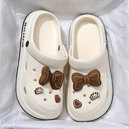 Women's White EVA Bow-Embellished Slippers - Lightweight Summer Beach Sandals with Thick Cushioned Sole, Soft Round Toe and Minimalist Design, Suitable for Indoor/Outdoor Use, Hand Washable