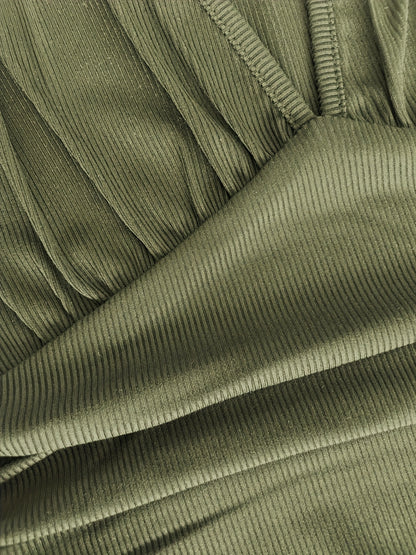 Women's Sleeveless Deep V-Neck Ruched Wide-Leg Jumpsuit - Olive Green Textured Stretch Fabric, Machine Washable Elegant Spring/Summer Casual & Formal Outfit, Ladies Rompers And Jumpsuits, Versatile Clothing, Flowing Silhouett