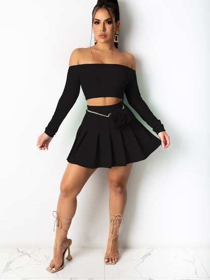 Solid Elegant Two-piece Set, Off Shoulder Long Sleeve Crop Top & Pleated Mini Skirt Outfits, Women's Clothing