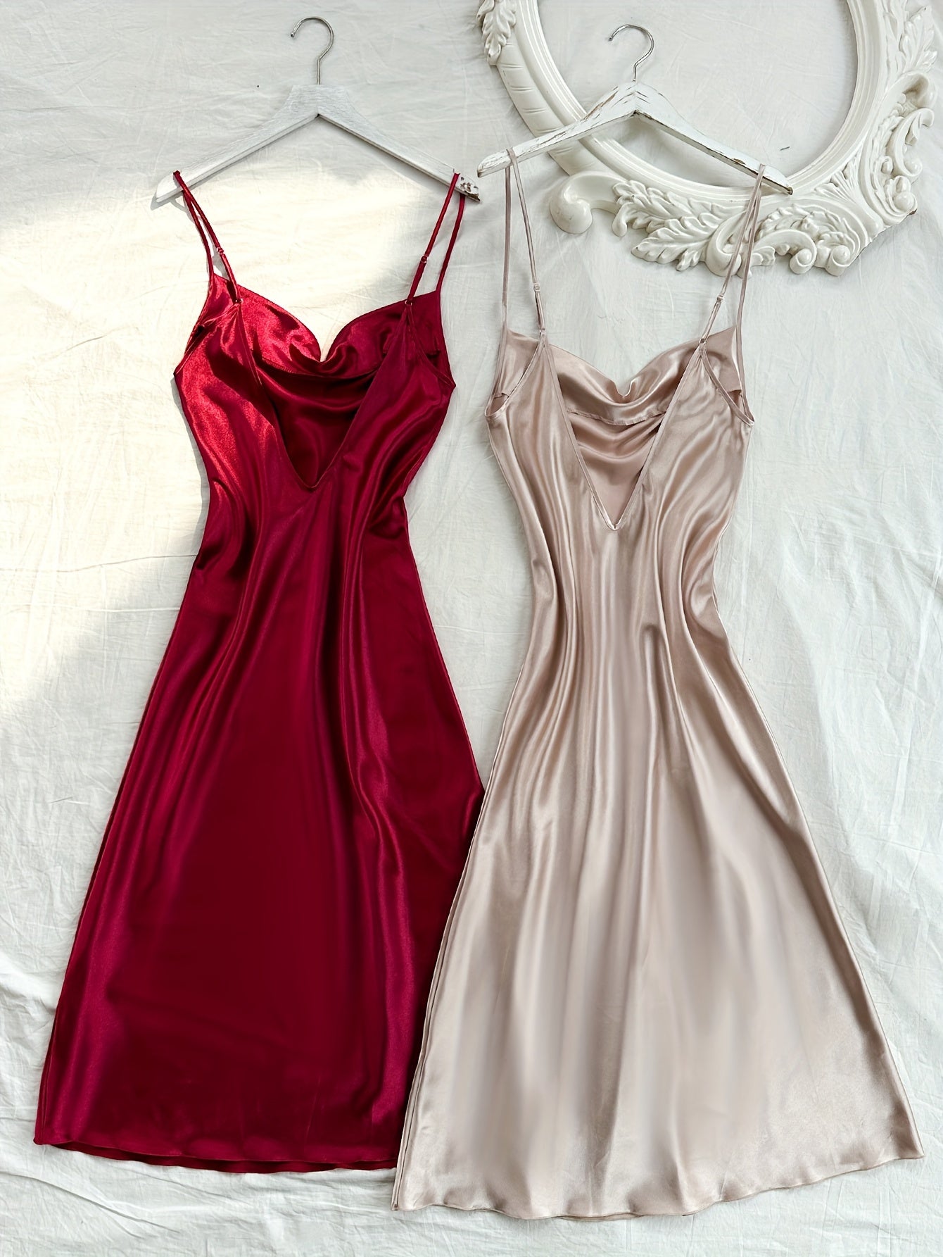 2 Pcs Women's Elegant Solid Satin Sleepwear Dress, Turtleneck Side Split Backless Midi Slip Dress, Comfortable Nightgown