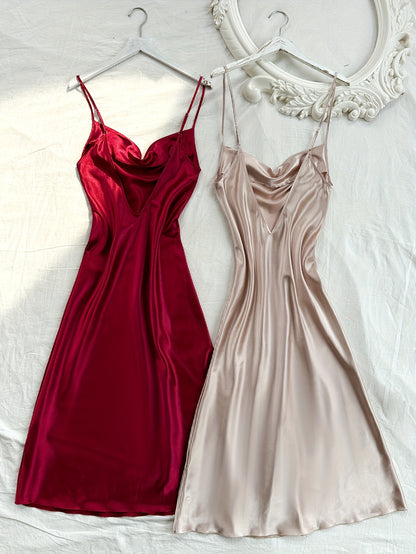 2 Pcs Women's Elegant Solid Satin Sleepwear Dress, Turtleneck Side Split Backless Midi Slip Dress, Comfortable Nightgown