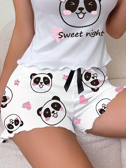 Cute Panda Print Night Bottoms, Elastic High Waist Frill Trim Shorts, Women's Sleepwear & Loungewear