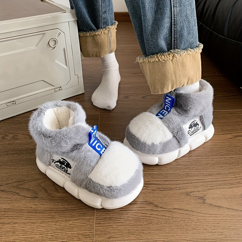 [Soft Pink Slippers] Warm Non-Slip Unisex Winter Slippers with Thick EVA Sole | Plush Fleece Indoor/Outdoor Shoes, Soft Pink Cartoon Rabbit Design for Men & Women