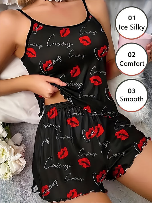 Flirty Red Lip & Letter Print Pajama Set - Ruffled Crew Neck Cami Top & Elastic Shorts - Romantic Valentines Day Loungewear for Women - Comfortable Sleepwear Perfect for Cozy Nights In