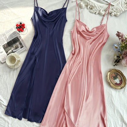 2 Pcs Women's Elegant Solid Satin Sleepwear Dress, Turtleneck Side Split Backless Midi Slip Dress, Comfortable Nightgown