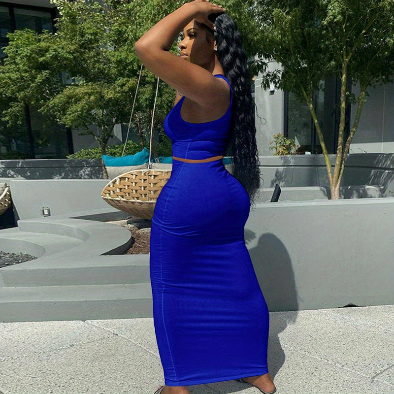 Trendy Two-Piece Set - Sexy Scoop Neck Sleeveless Tank Top & Flowy Bag Hip Maxi Skirt Outfit - Comfortable, Versatile, and Chic Women's Clothing for Everyday Wear