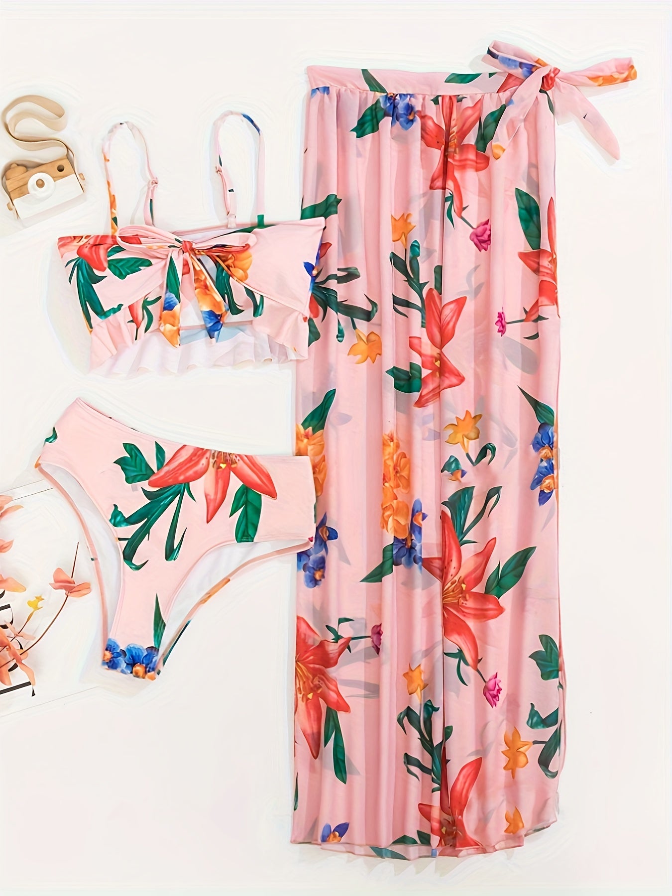 3 Piece Floral Print Ruffled Knot Front Bikini Set - Women's Swimwear & Clothing - Sets with Cover Up Skirt, Adjustable Straps, and Comfortable Fabric