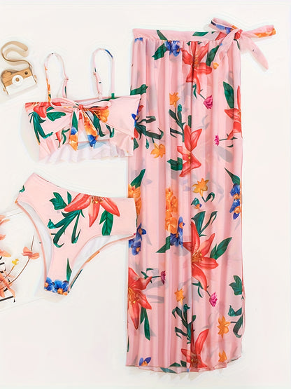 3 Piece Floral Print Ruffled Knot Front Bikini Set - Women's Swimwear & Clothing - Sets with Cover Up Skirt, Adjustable Straps, and Comfortable Fabric