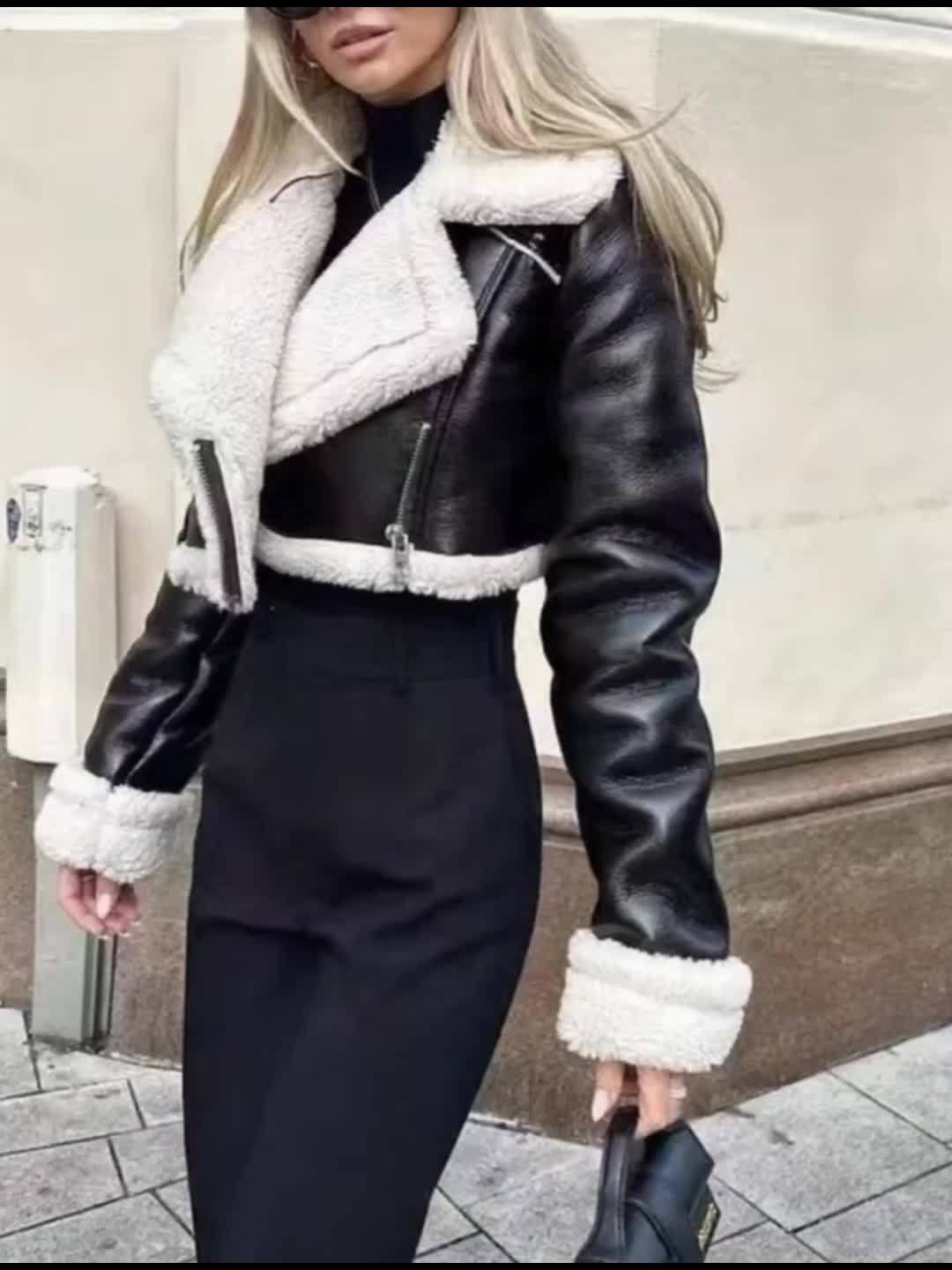 Women'S Elegant Teddy Lined Jacket with Turnover Sleeves, Zipper Closure, and Moto-Inspired Design - Vintage Streetwear Collar, Perfect for Fall/Winter