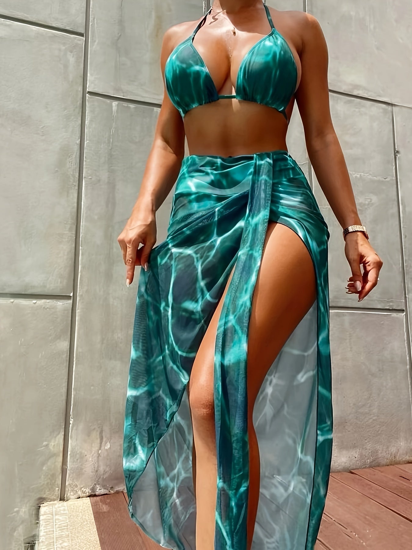 Women's Tie-Dye Bikini Set With Triangle Top, High Cut Bottoms, And Cover-Up Skirt Three-Piece Swimsuit