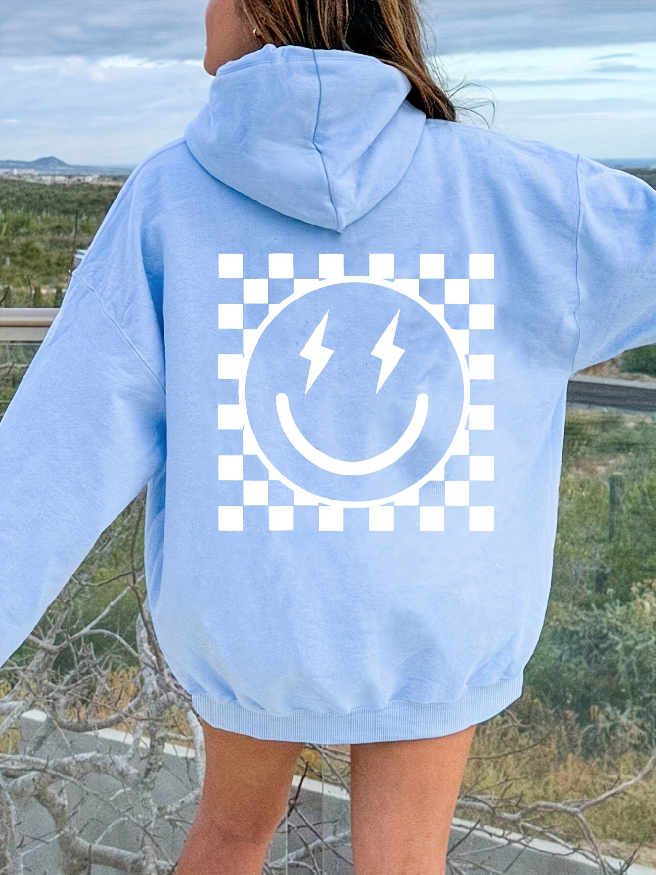 Women's Light Blue joyful Face & Lightning Bolt Print Hoodie - Cozy Polyester Knit, Drawstring Hood with Front Pocket, Long Sleeves - Casual Sporty Sweatshirt Jacket for Fall/Winter, Sweater Hoodie