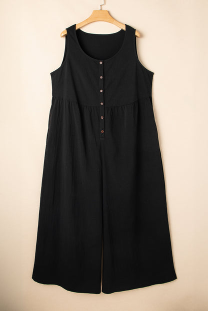 Black Plus Size Sleeveless Button Front Loose Jumpsuit