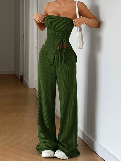 Women's Summer Fashion Outfit - Solid Color Crop Top and Pants, Side Drawstring, Comfortable for Casual Wear