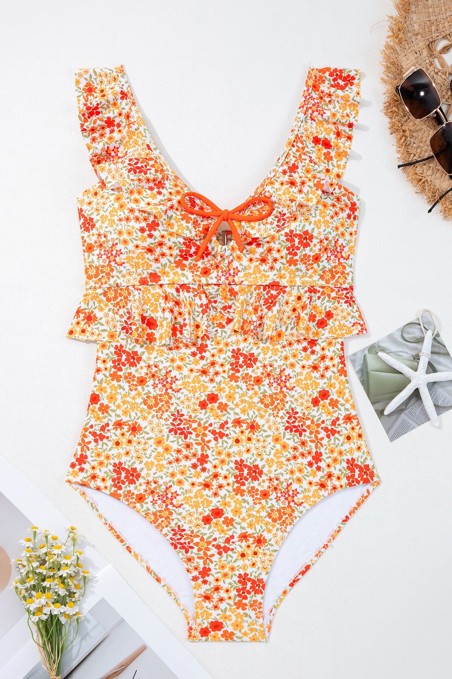 Orange Ruffled Trim Keyhole Accent Floral One Piece Swimsuit