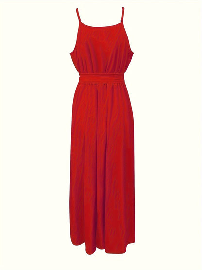 Vibrant Ruffle Trim Cami Dress - Sleeveless, Tie-Waist, Maxi Length, Flowy, Feminine, Summer Essential for Women - Perfect for Outdoor, Party, and Daily Wear