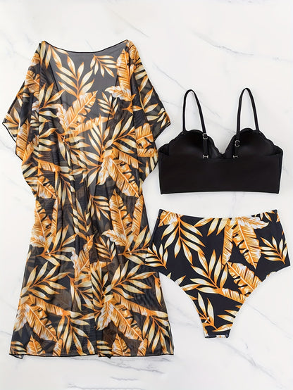 3 Piece Tropical Print High Waist Bikini Set - Off the Shoulder, High Stretch, Semi-Sheer, Polyester Fabric, Random Printing, Knit Swimsuits for Women - Perfect for Swimming and Beach Activities