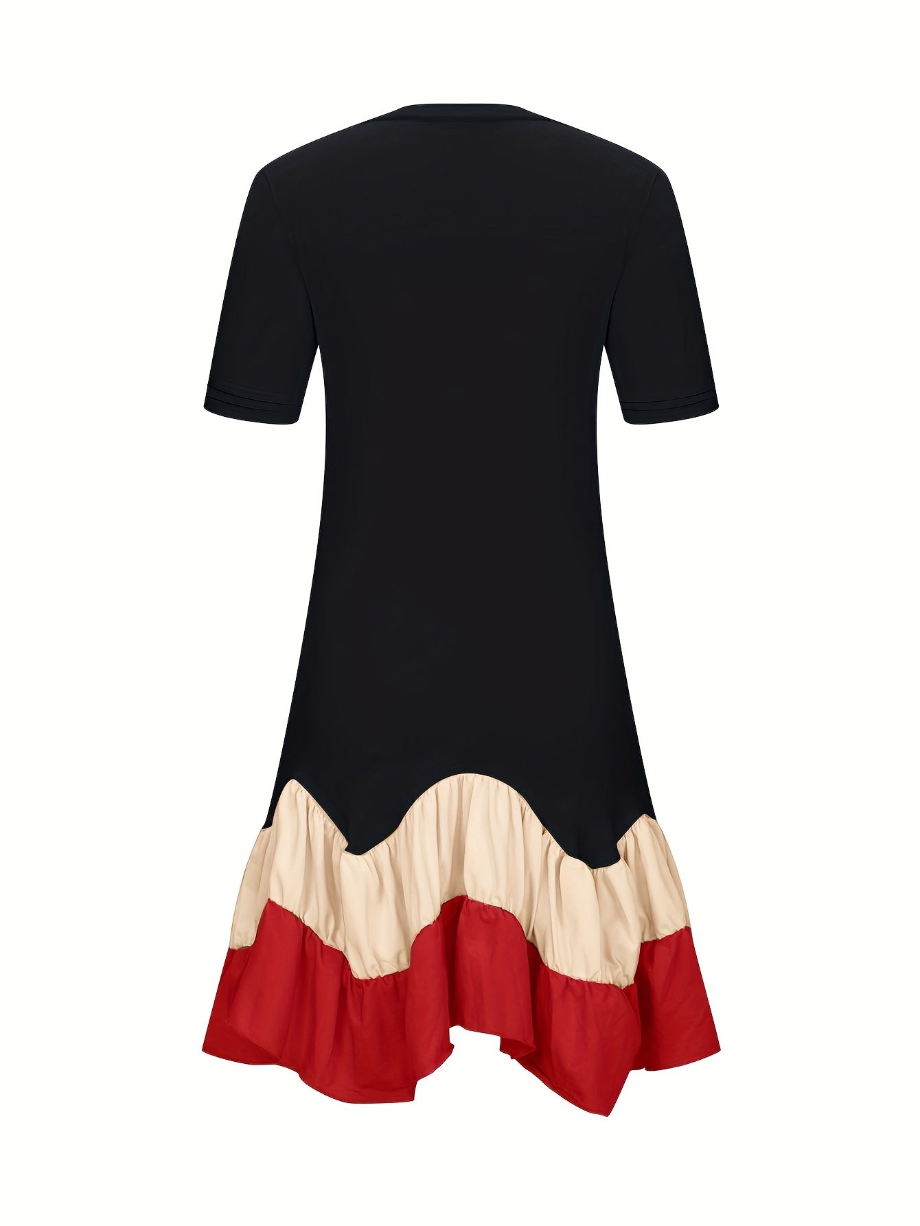 Women's Summer Color Block A-Line Dress - Black & Red Pleated Skirt, Breathable Short Sleeve, Machine Washable, Vacation & Casual Wear, Summer Fashion, Nontransparent Material