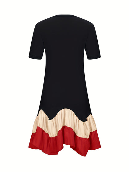 Women's Summer Color Block A-Line Dress - Black & Red Pleated Skirt, Breathable Short Sleeve, Machine Washable, Vacation & Casual Wear, Summer Fashion, Nontransparent Material