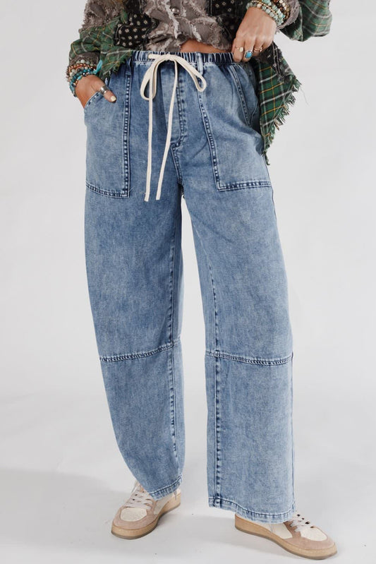 Ashleigh Blue Acid Wash Exposed Seam Drawstring Elastic Waistband Jeans