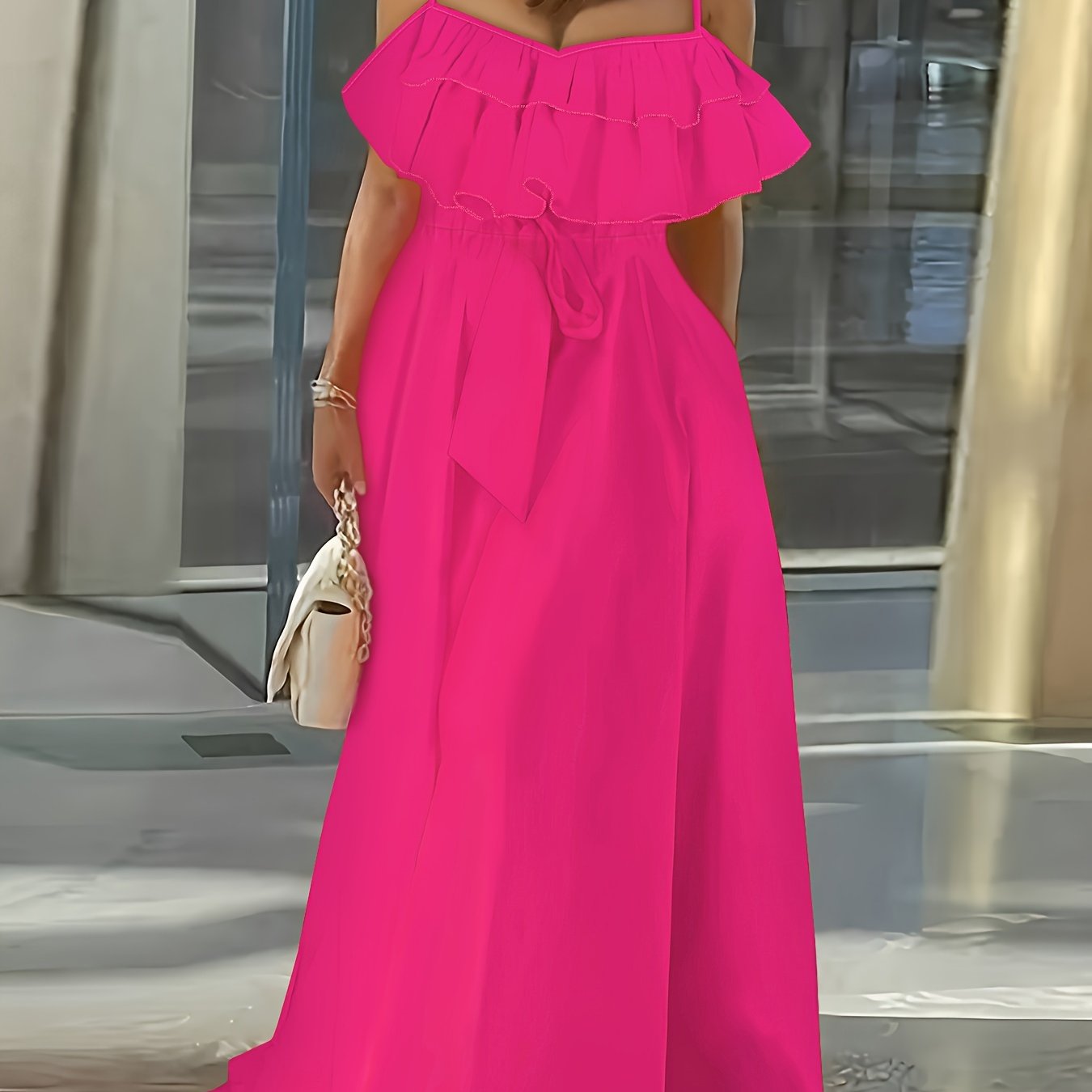 Vibrant Ruffle Trim Cami Dress - Sleeveless, Tie-Waist, Maxi Length, Flowy, Feminine, Summer Essential for Women - Perfect for Outdoor, Party, and Daily Wear