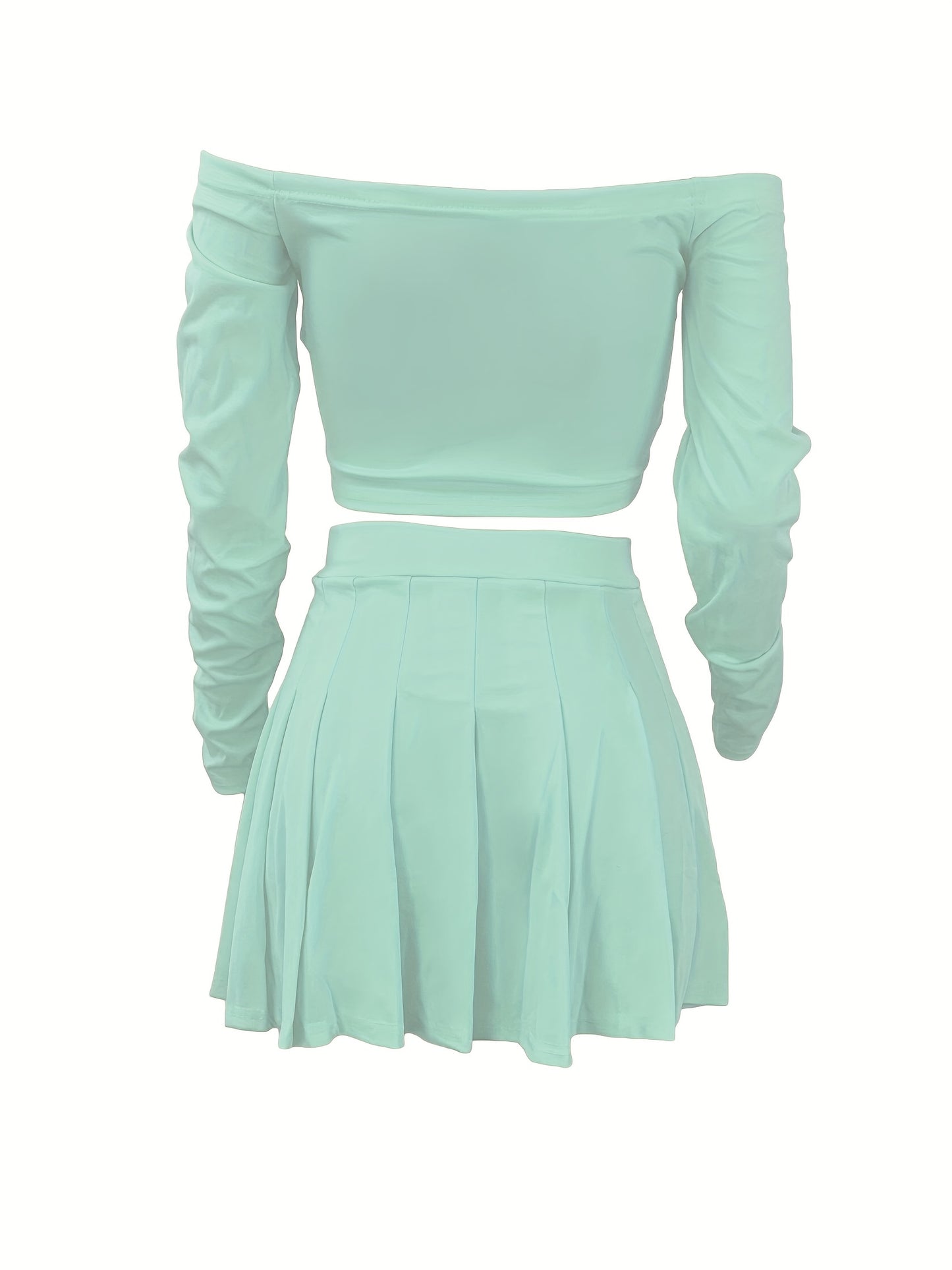 Solid Elegant Two-piece Set, Off Shoulder Long Sleeve Crop Top & Pleated Mini Skirt Outfits, Women's Clothing