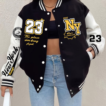 Chic NY-Inspired Women's Varsity Jacket - Elegant Black and White Baseball Uniform Style with Large "58.42cm & NYC Lettering, Striped Accents, Button Closure, Long Sleeves - Perfect for Spring & Autumn Casual Wear