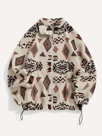 Aztec Pattern Fuzzy Jacket, Casual Zip Up Outwear For Winter & Fall, Women's Clothing
