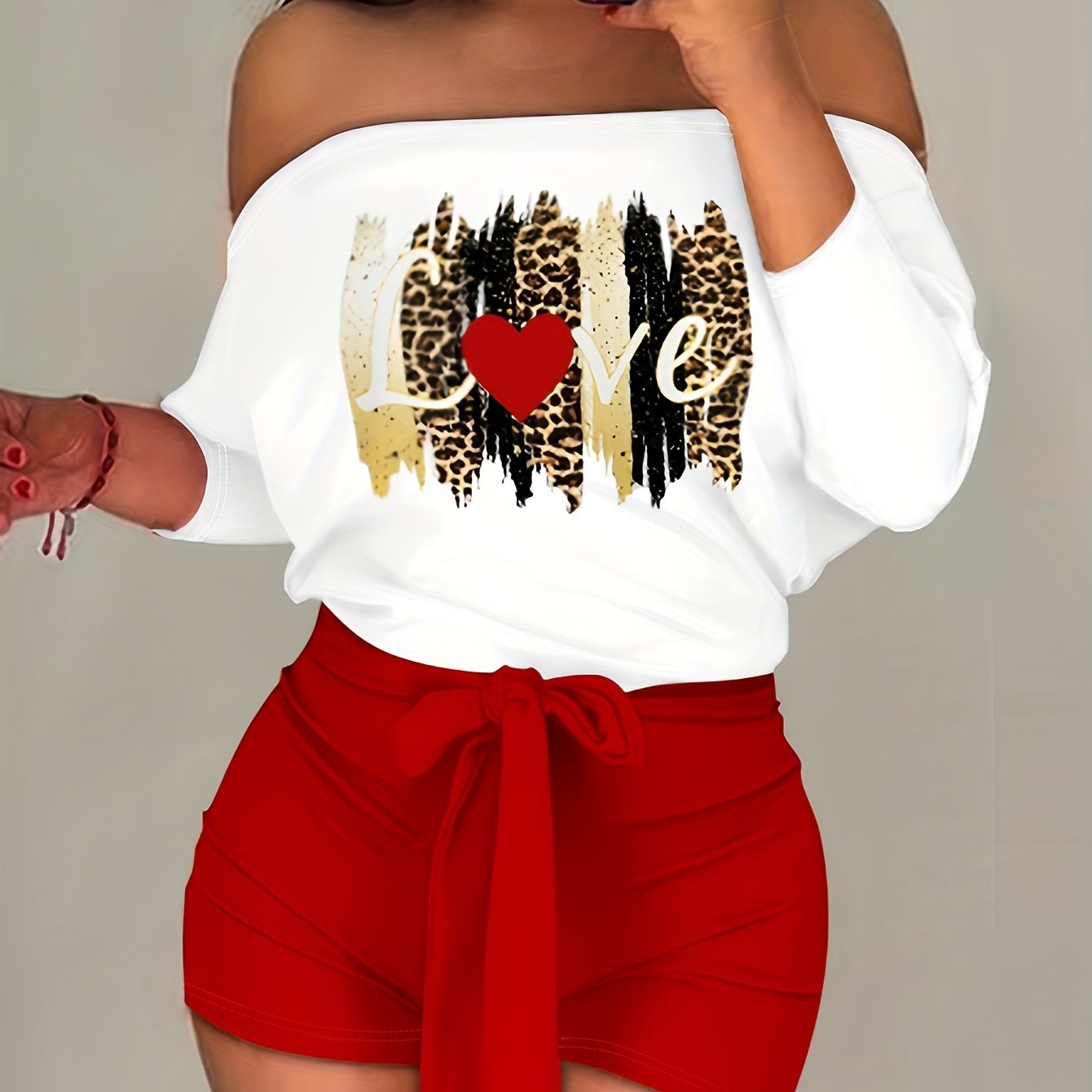 Women'S Off-Shoulder Rose Print Jumpsuit, Polyester Knit Fabric, 97% Polyester 3% Elastane, All-Season Short Romper with Tie Waist, Cartoon Pattern, 180g/m² - Adult Fashion