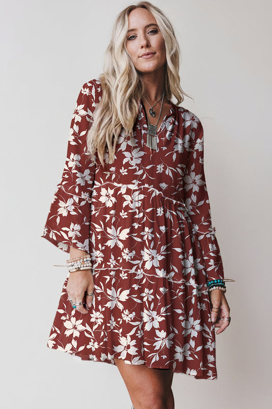 Red Boho Floral Print Lettuce Trim 3/4 Sleeve Mini Dress