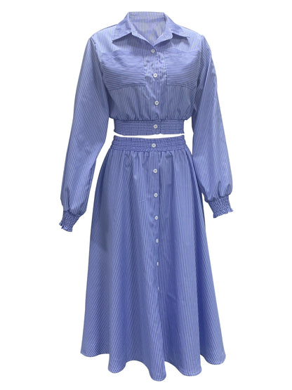 Casual Meets Elegance: Stripe-Print Crop Top & Ruffled Swing Skirt Set - Easy Maintenance, Ideal for Spring/Summer