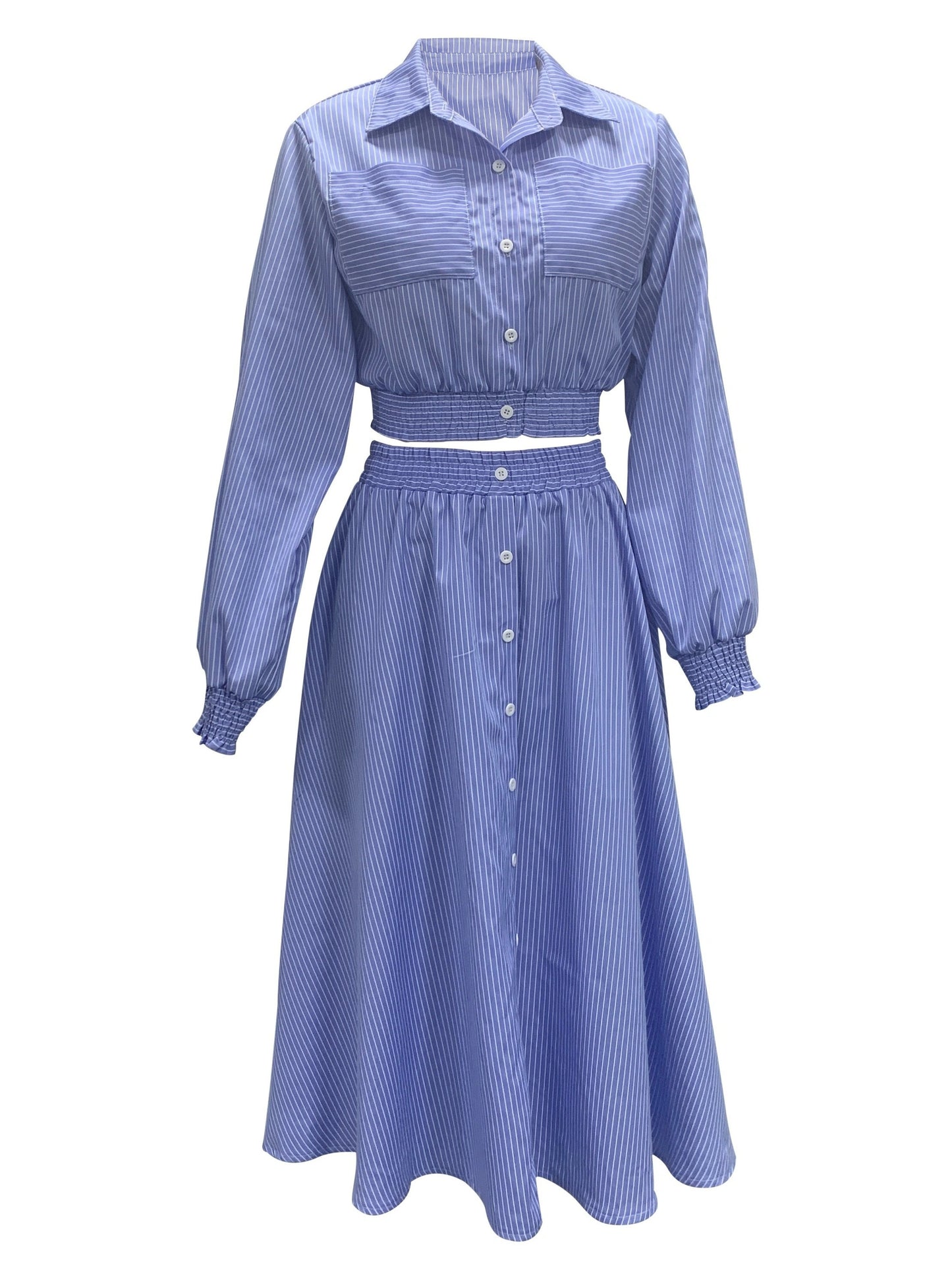 Casual Meets Elegance: Stripe-Print Crop Top & Ruffled Swing Skirt Set - Easy Maintenance, Ideal for Spring/Summer