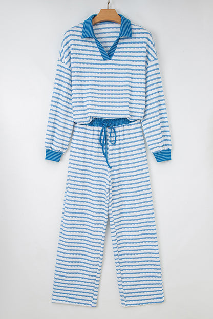 Sky Blue Stripe Collared Pullover Top and Drawstring Pant Set