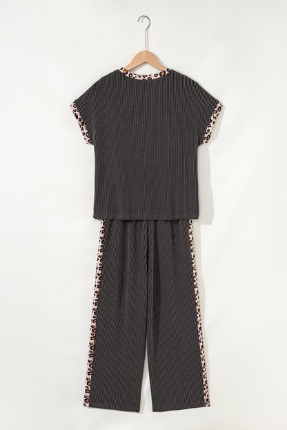 Carbon Grey Leopard Patchwork Edge Twisted Rib T Shirt and Cropped Pants Set