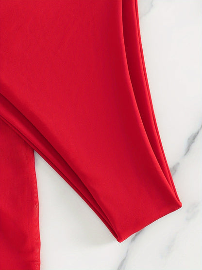 Women's 3pcs High-Elasticity Halter Neck Bikini Set with Beach Skirt - Vibrant Red Triangle Tie Front Bikini, Full Coverage Swimsuit & Adjustable Back Skirt, Machine Washable Summer Pool & Vacation Outfit