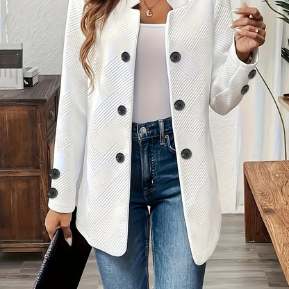 Women's Casual Solid Color Double-Breasted Long Sleeve Jacket with Pockets, Polyester Knit Fabric, Open Front Collar - All Seasons, Allseason Jacket | Doublebreasted Jacket | Stylish Jacket