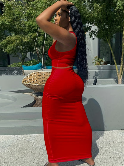 Trendy Two-Piece Set - Sexy Scoop Neck Sleeveless Tank Top & Flowy Bag Hip Maxi Skirt Outfit - Comfortable, Versatile, and Chic Women's Clothing for Everyday Wear