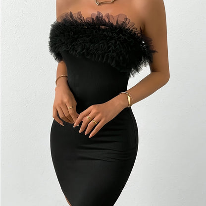 Mesh Trim Tube Dress, Elegant Solid Off Shoulder Bodycon Dress, Women's Clothing