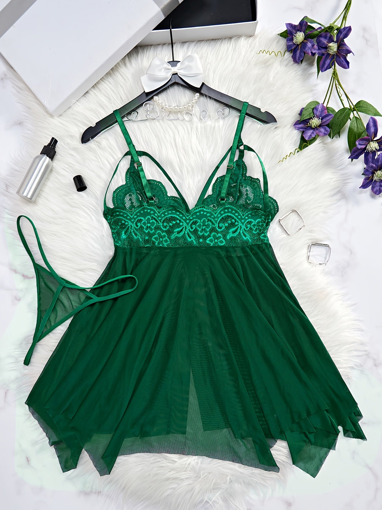 Seductive Floral Lace Slip Nightdress - Sheer Mesh, Adjustable Straps, Asymmetric Hem - Backless V Neck Mini Dress with Matching Thongs - Soft, Breathable Womens Sleepwear Set