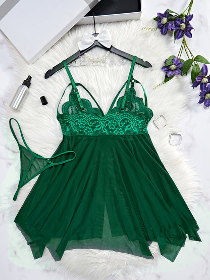 Seductive Floral Lace Slip Nightdress - Sheer Mesh, Adjustable Straps, Asymmetric Hem - Backless V Neck Mini Dress with Matching Thongs - Soft, Breathable Womens Sleepwear Set