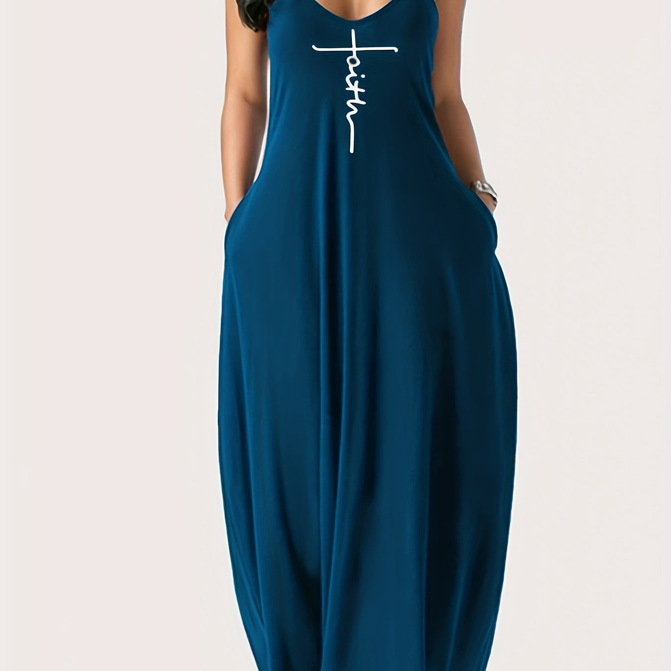 Faith Print Backless Dress, Casual Spaghetti Strap V Neck Loose Dress, Women's Clothing