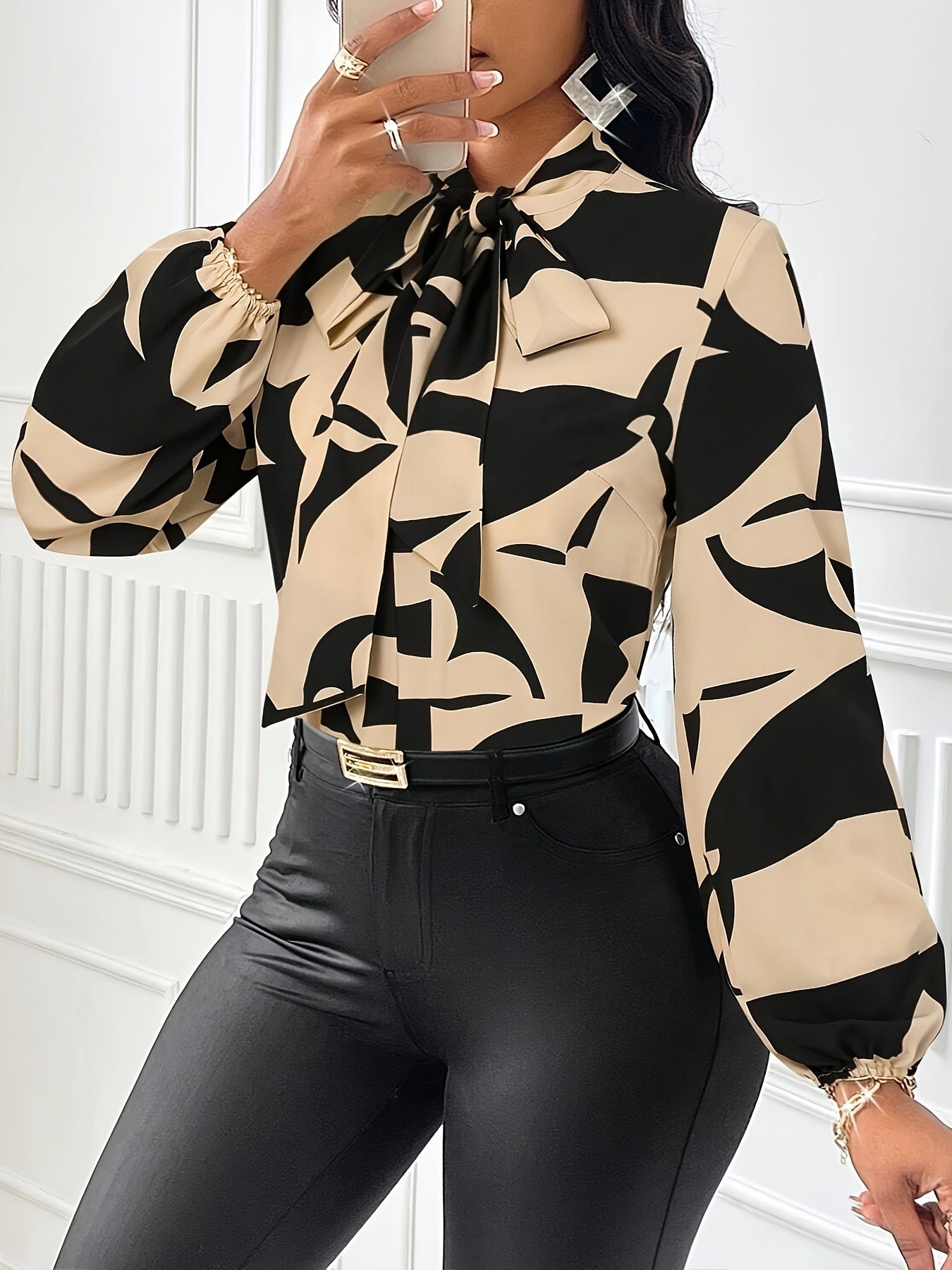 Elegant Geometric Print Bow Tie Collar Blouse - Women's Long Sleeve Shirt with Adjustable Tie Detail, Machine Washable All-Season Top for Casual & Formal Wear, Long Sleeve Blouse, Smooth Texture Fabric