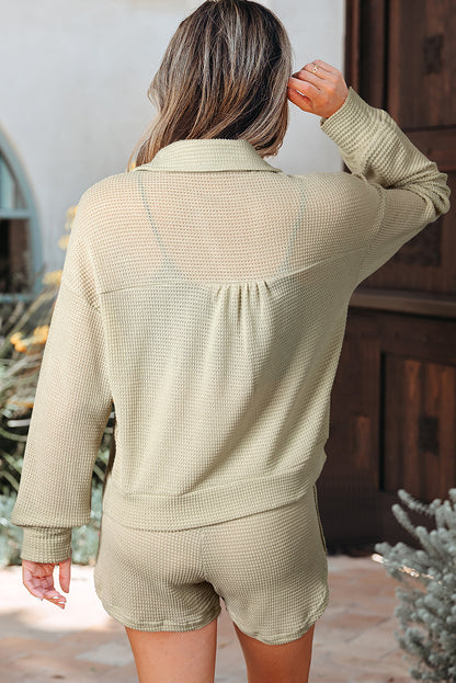 Parchment Textured Buttoned Long Sleeve Top 2 Piece Shorts Set