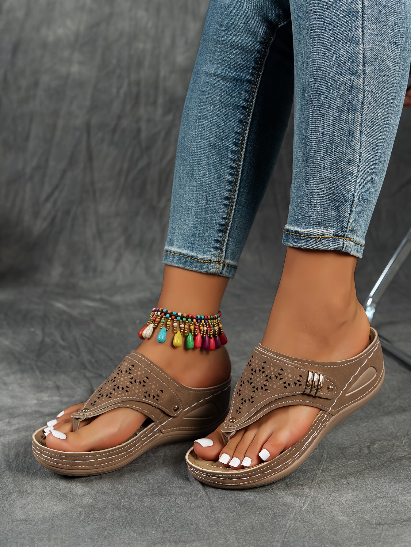 Stylish Cut-Out Thong Sandals - Soft Metallic Platform Wedge, Comfortable Beach Slides with Adjustable Straps, Vacation Essentials for Women