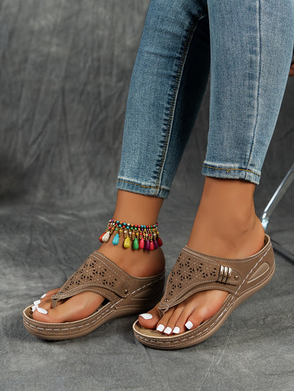 Stylish Cut-Out Thong Sandals - Soft Metallic Platform Wedge, Comfortable Beach Slides with Adjustable Straps, Vacation Essentials for Women